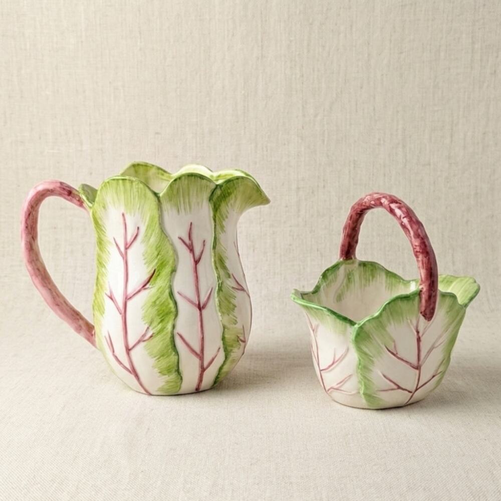 Vintage Haldon Group Tobacco Leaf Pitcher & Basket | 1980s Majolica Porcelain